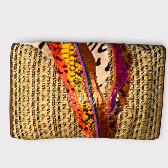 VTG Carlos Falchi Purse Brown Exotic Leathers Patchwork Envelope Clutch 80s USA - Picture 3 of 8